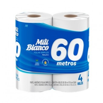 PAPEL HIGIENICO MILI BIANCO FOLHA SIMP. 60M C/4